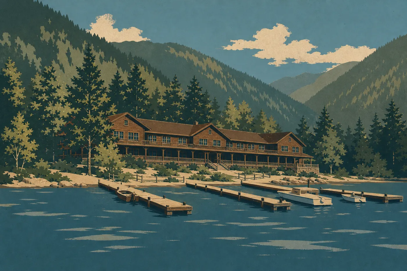 Illustration sérigraphiée : Le North Cascades Lodge at Stehekin fait face au lac Chelan depuis les quais de Stehekin Landing