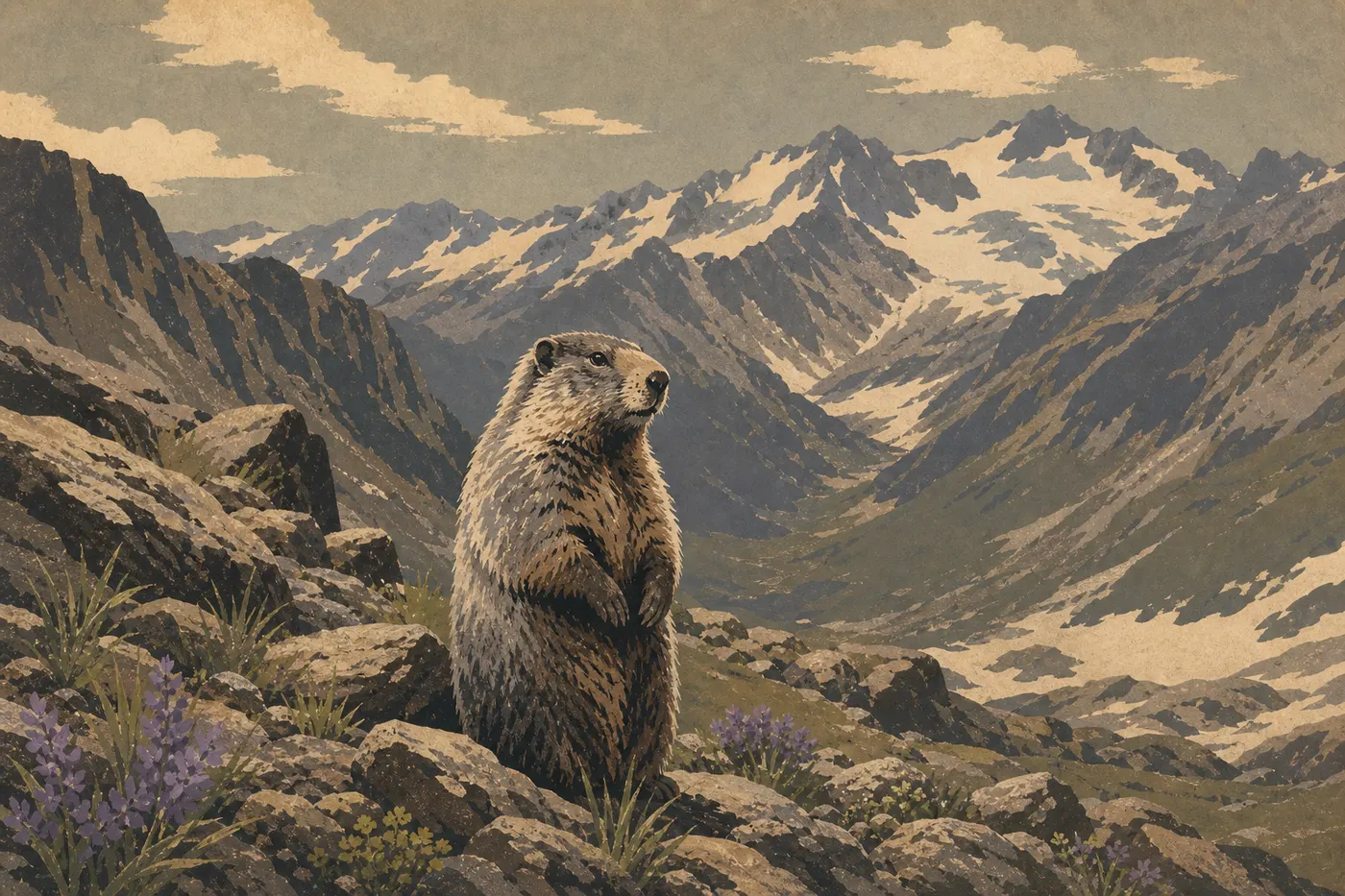 Illustration sérigraphiée : Une marmotte grise se dresse parmi les rochers et fleurs alpines de Sahale Arm au-dessus de Cascade Pass