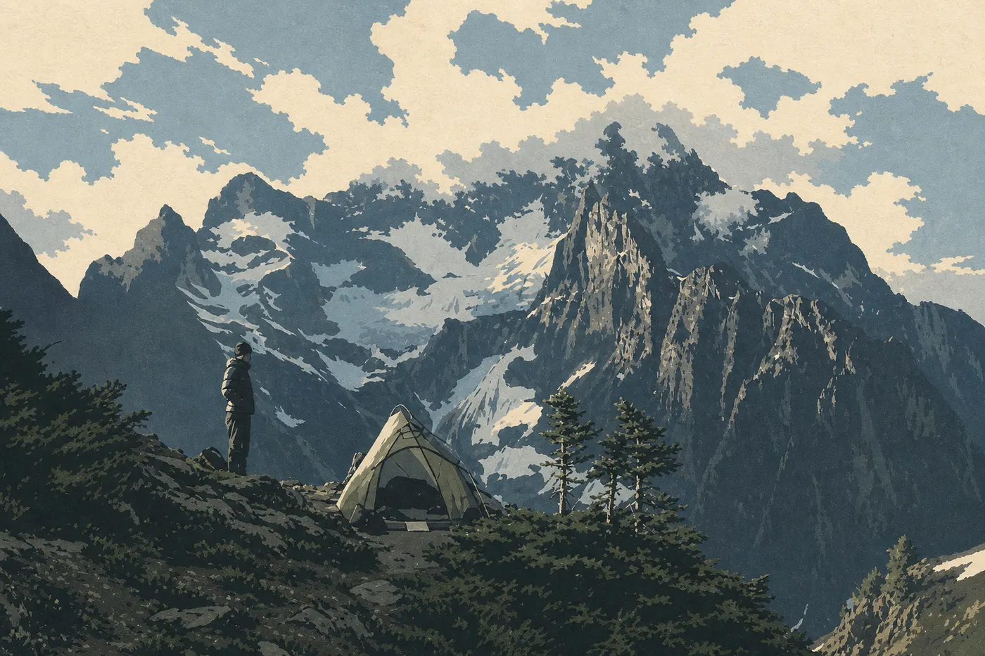 Illustration sérigraphiée : Des nuages bas s'effilochent autour des pics dentelés de Picket Range sous une lumière spectaculaire