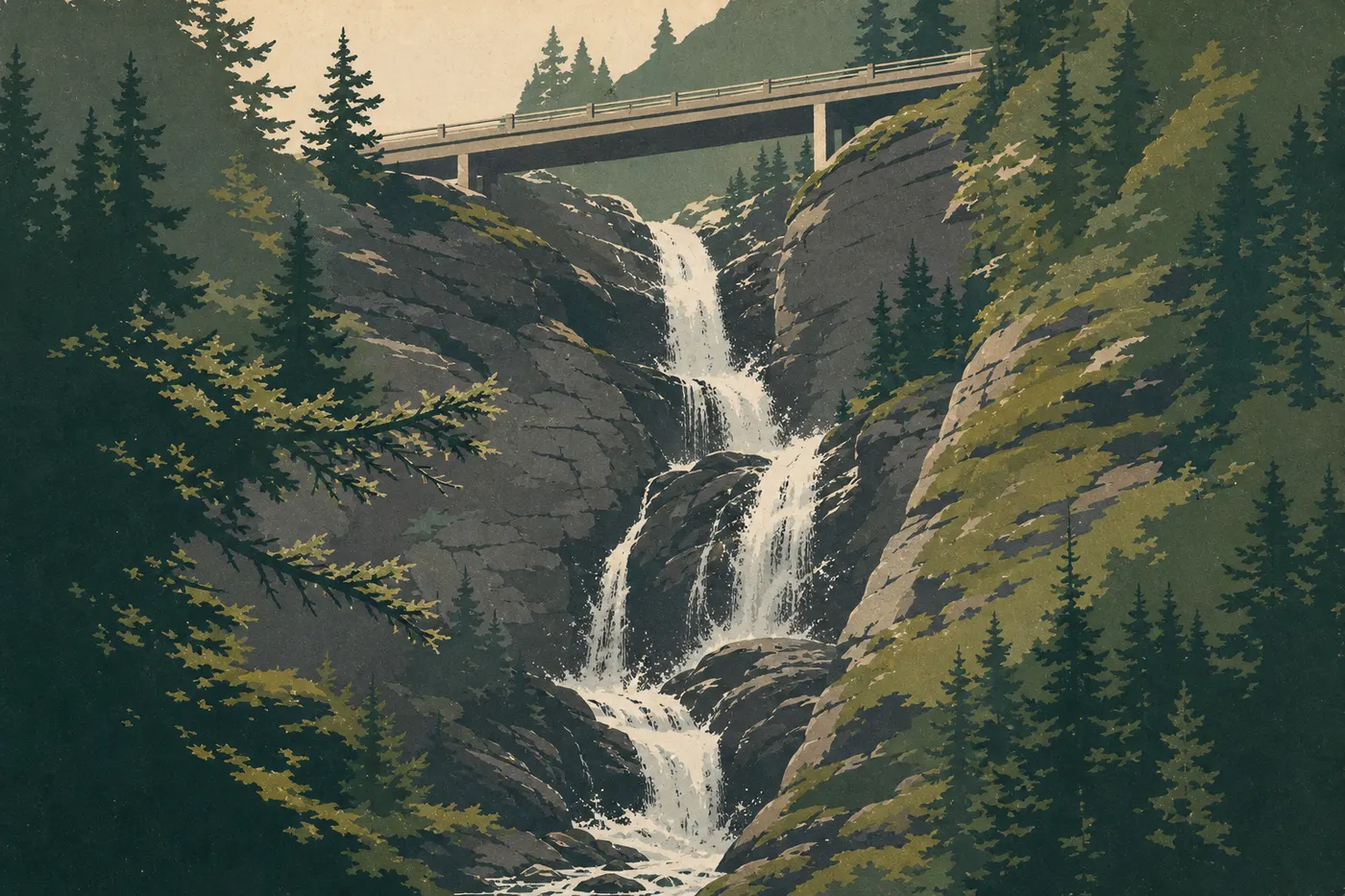 Screen-printed illustration: Gorge Creek Falls plunging with the spring snowmelt beneath the North Cascades Highway bridge