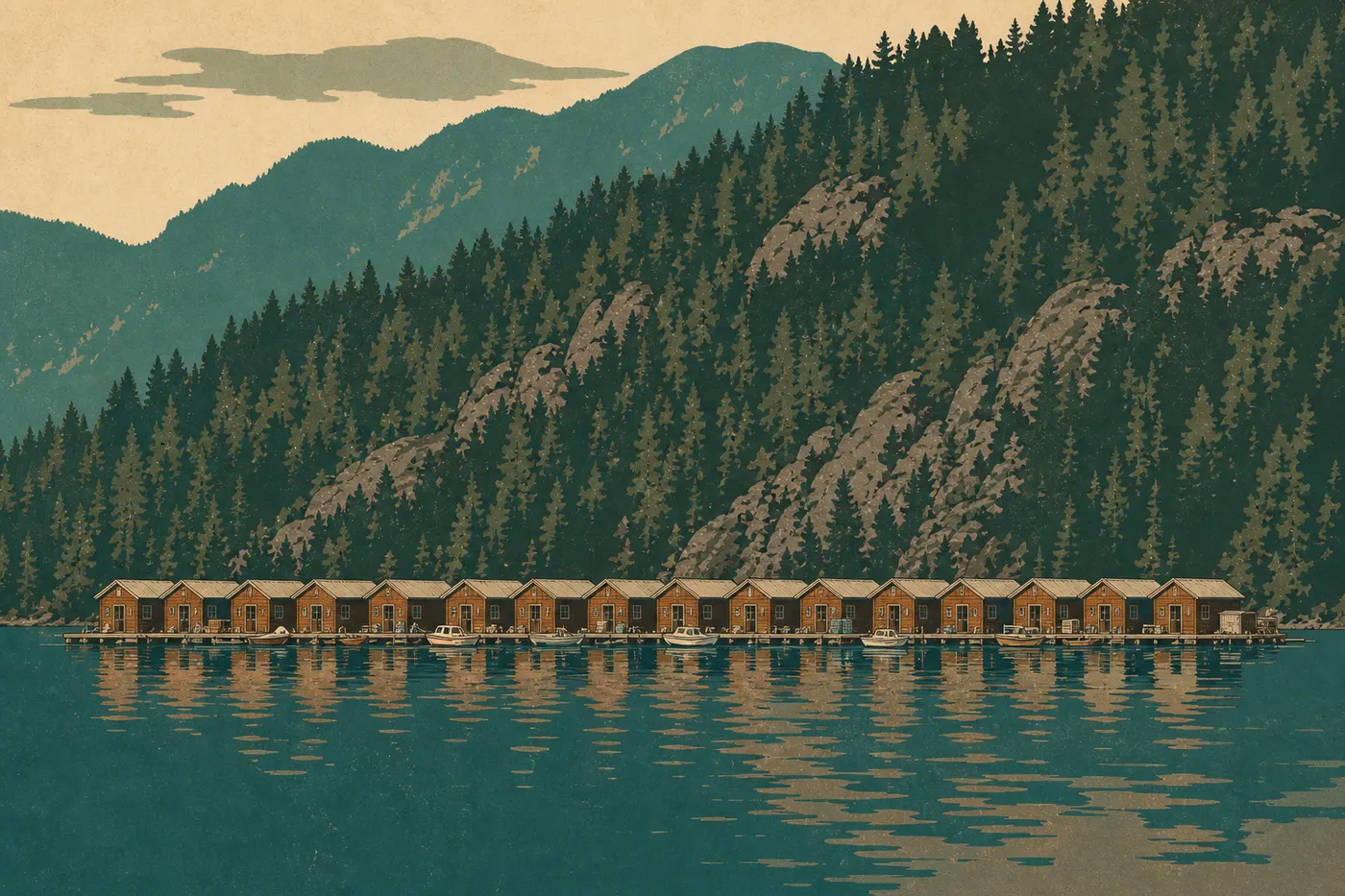 Illustration sérigraphiée : Les cabanes flottantes de Ross Lake Resort s'alignent sur une eau calme devant les montagnes boisées