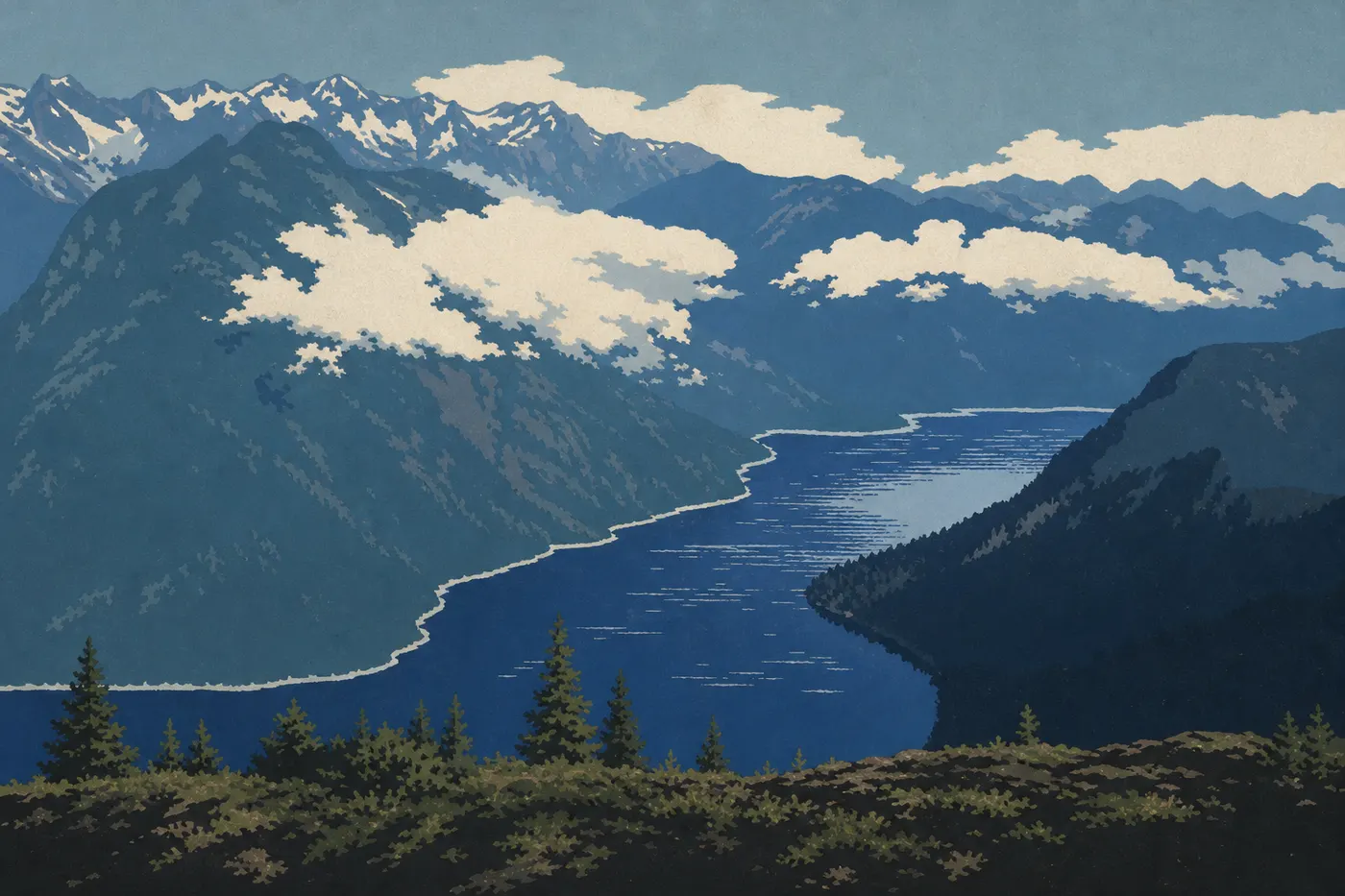 Illustration sérigraphiée : Ross Lake s'étire entre des versants boisés sauvages, observé depuis le belvédère de la State Route 20