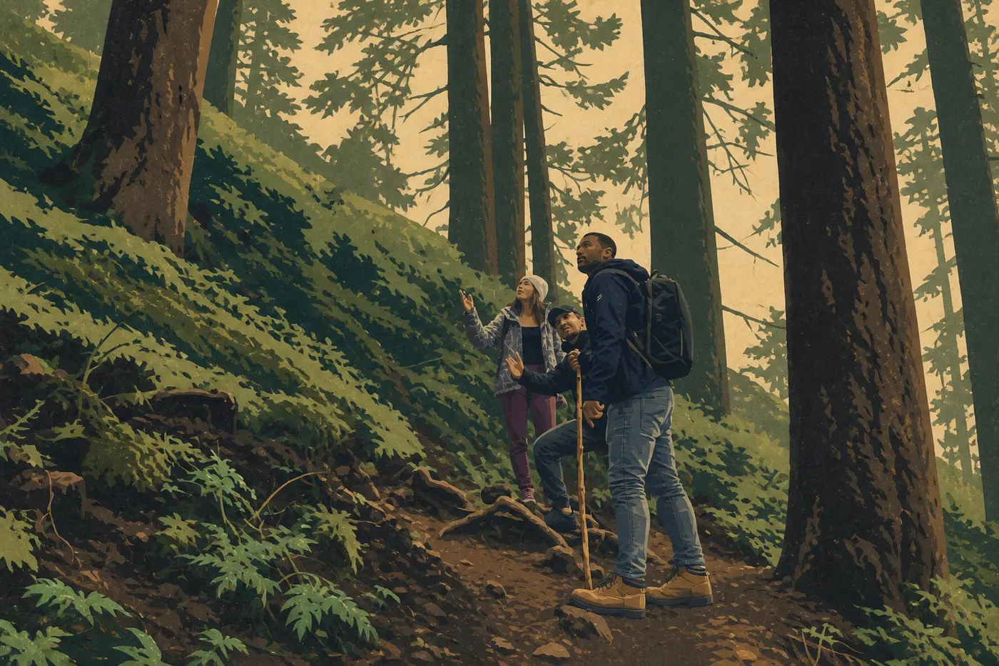 Illustration sérigraphiée : Randonneurs sous les érables couverts de mousse du Hall of Mosses Trail dans la forêt du Hoh.
