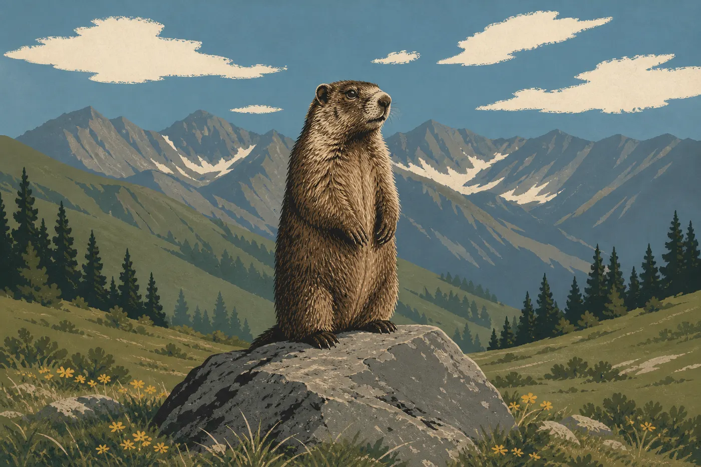 Screen-printed illustration: Olympic marmot standing on a rock above the subalpine meadows of Hurricane Ridge.