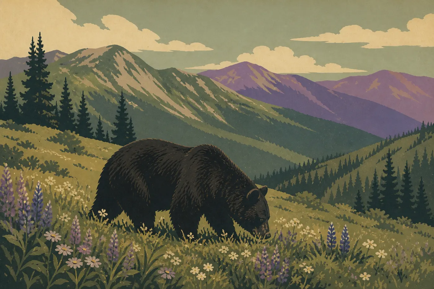 Screen-printed illustration: Black bear foraging in a flower-filled subalpine meadow near Hurricane Ridge.