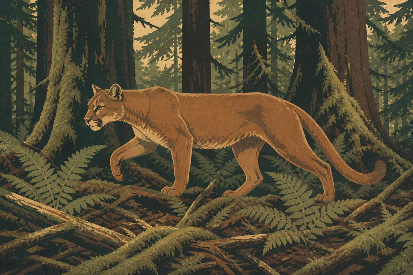 Screen-printed illustration: Cougar moving through dense conifer and fern understory on the Olympic Peninsula.
