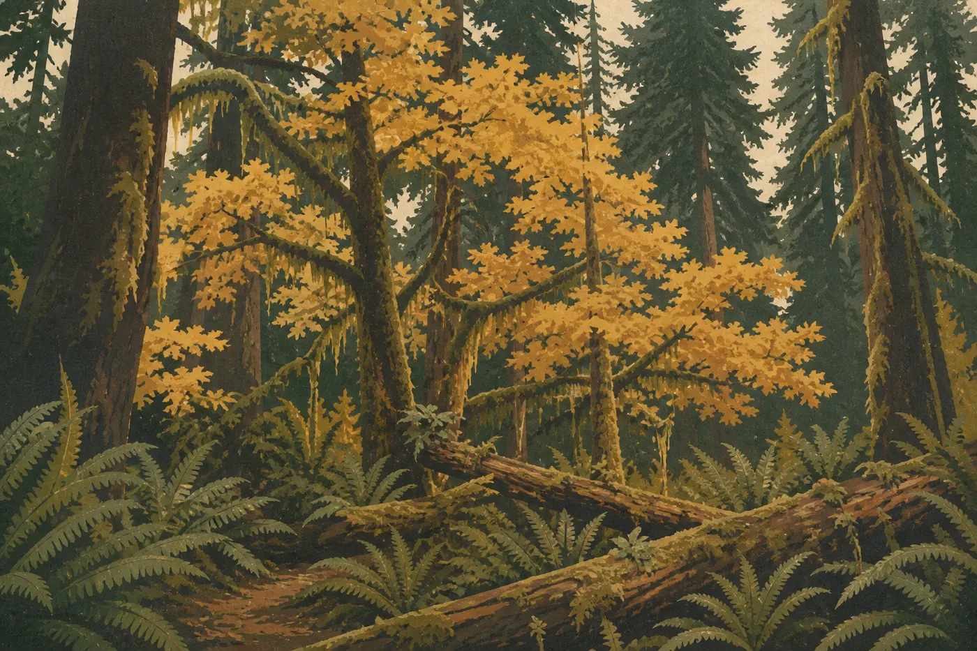Screen-printed illustration: Maples in the Quinault Rain Forest with golden foliage among conifers and mosses.