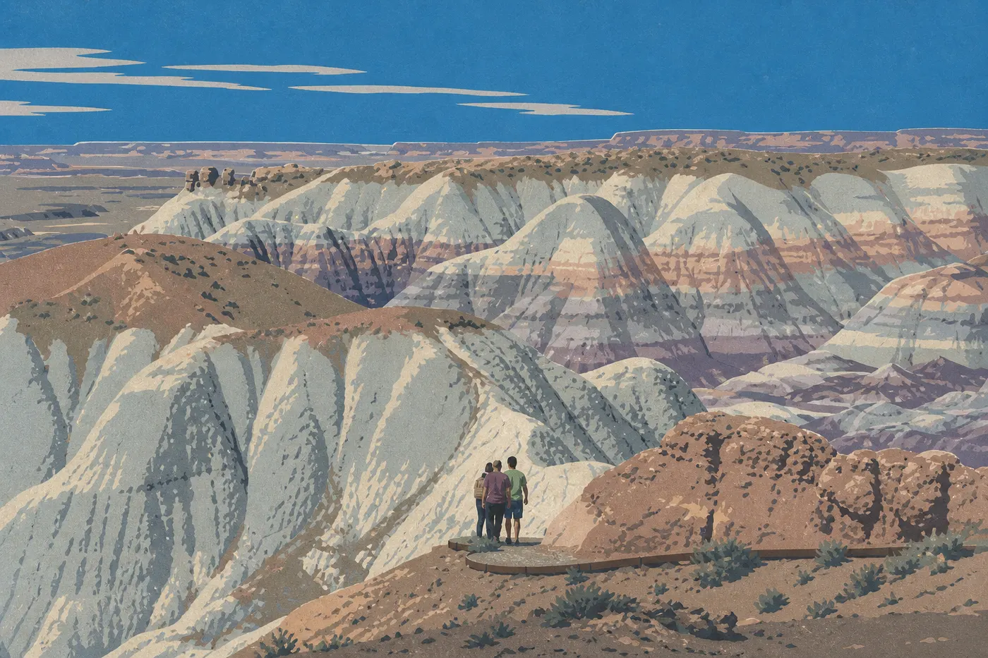 Illustration sérigraphiée : Randonneurs descendant Blue Mesa Trail entre les collines d'argile bleues, grises et violettes finement striées.