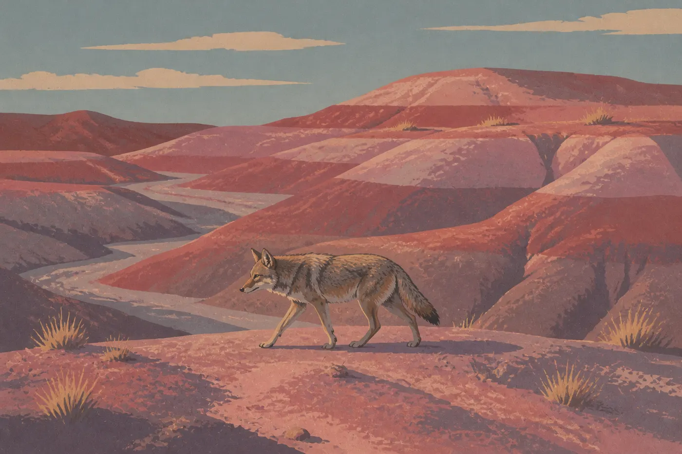 Illustration sérigraphiée : Coyote solitaire traversant les badlands roses et mauves de la Painted Desert au début du jour.