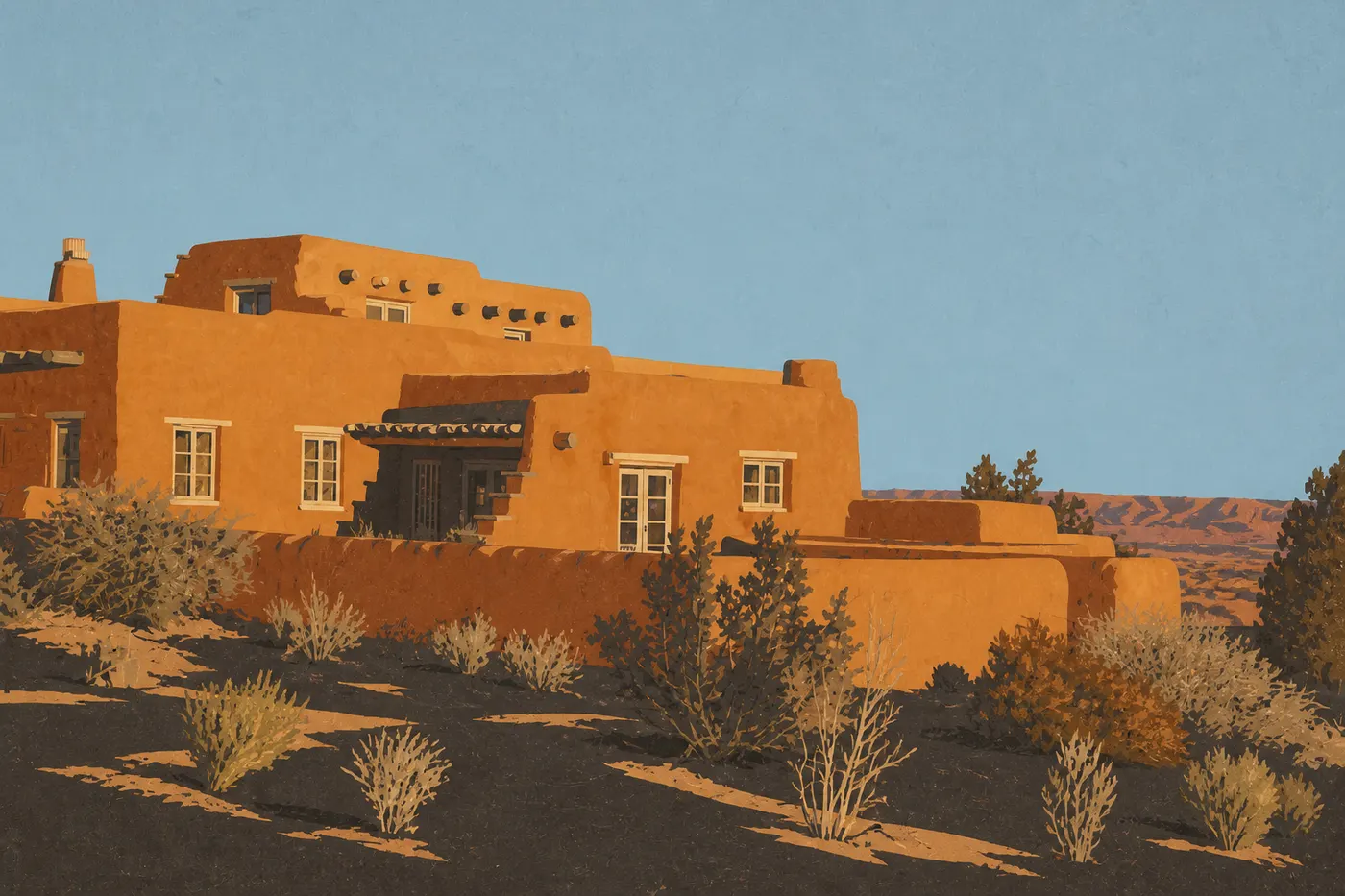 Illustration sérigraphiée : Façade en pierre du Painted Desert Inn, ancien hôtel historique posé sur le rebord des badlands rouges.