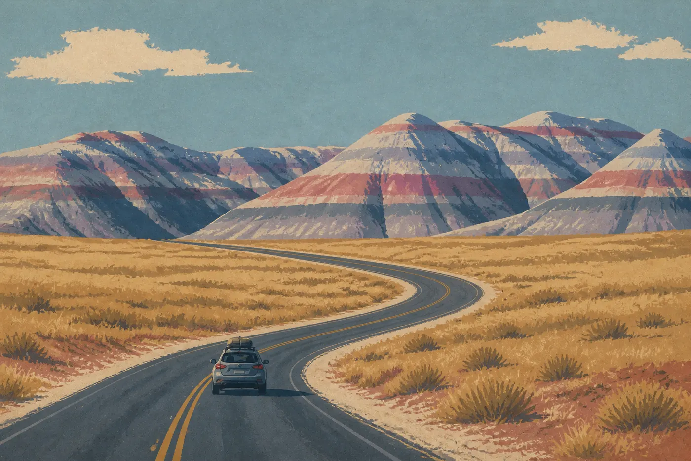 Illustration sérigraphiée : Voiture suivant la route panoramique sinueuse entre les prairies ouvertes et les badlands de Blue Mesa.