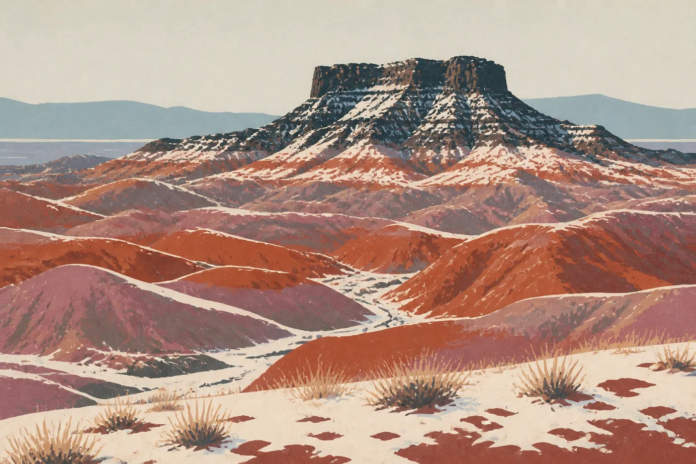 Screen-printed illustration: Pilot Rock and the hills of the Painted Desert lightly dusted with winter snow.