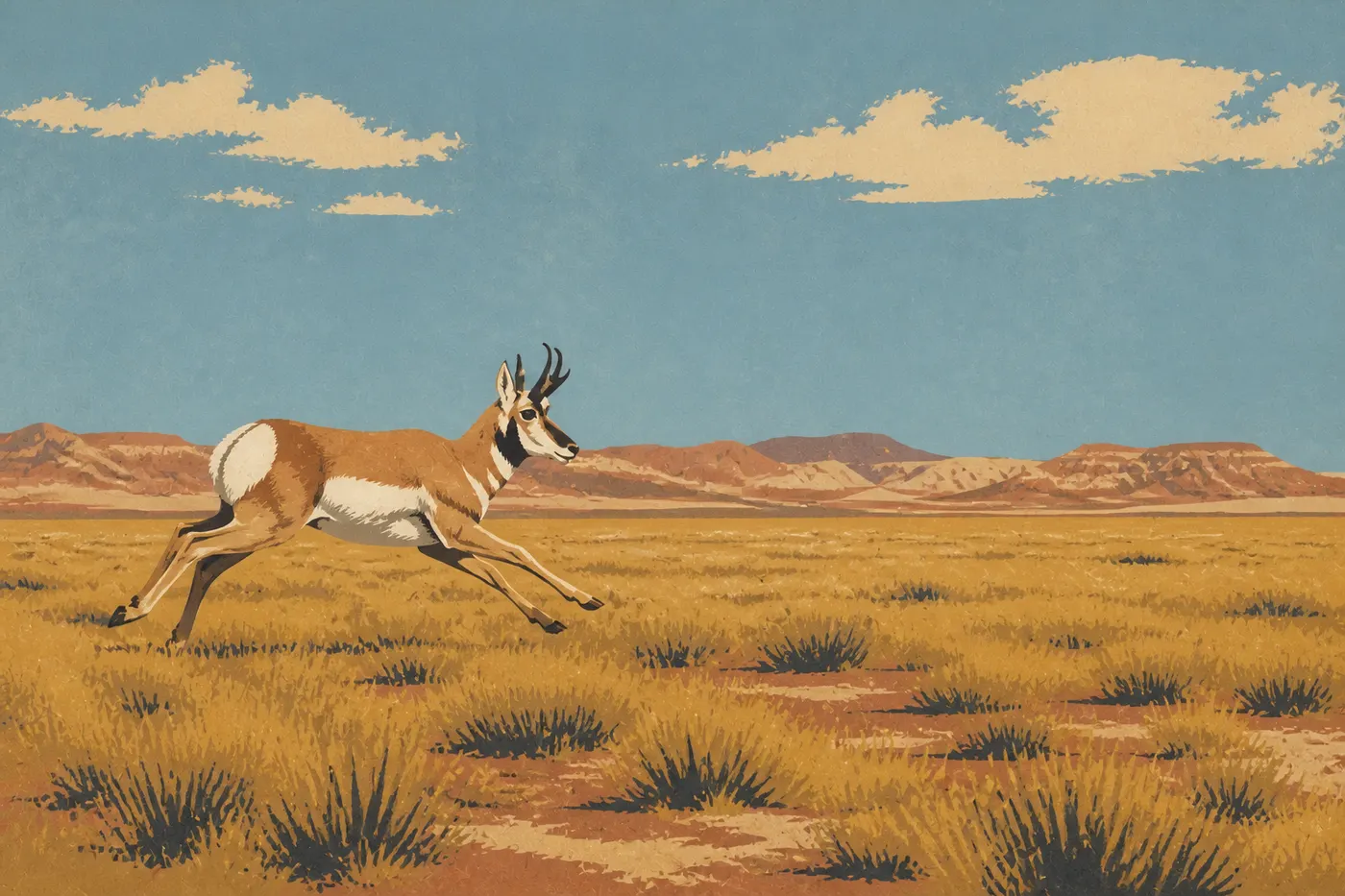 Illustration sérigraphiée : Antilocapre en pleine course dans la vaste prairie semi-aride du plateau de Petrified Forest.