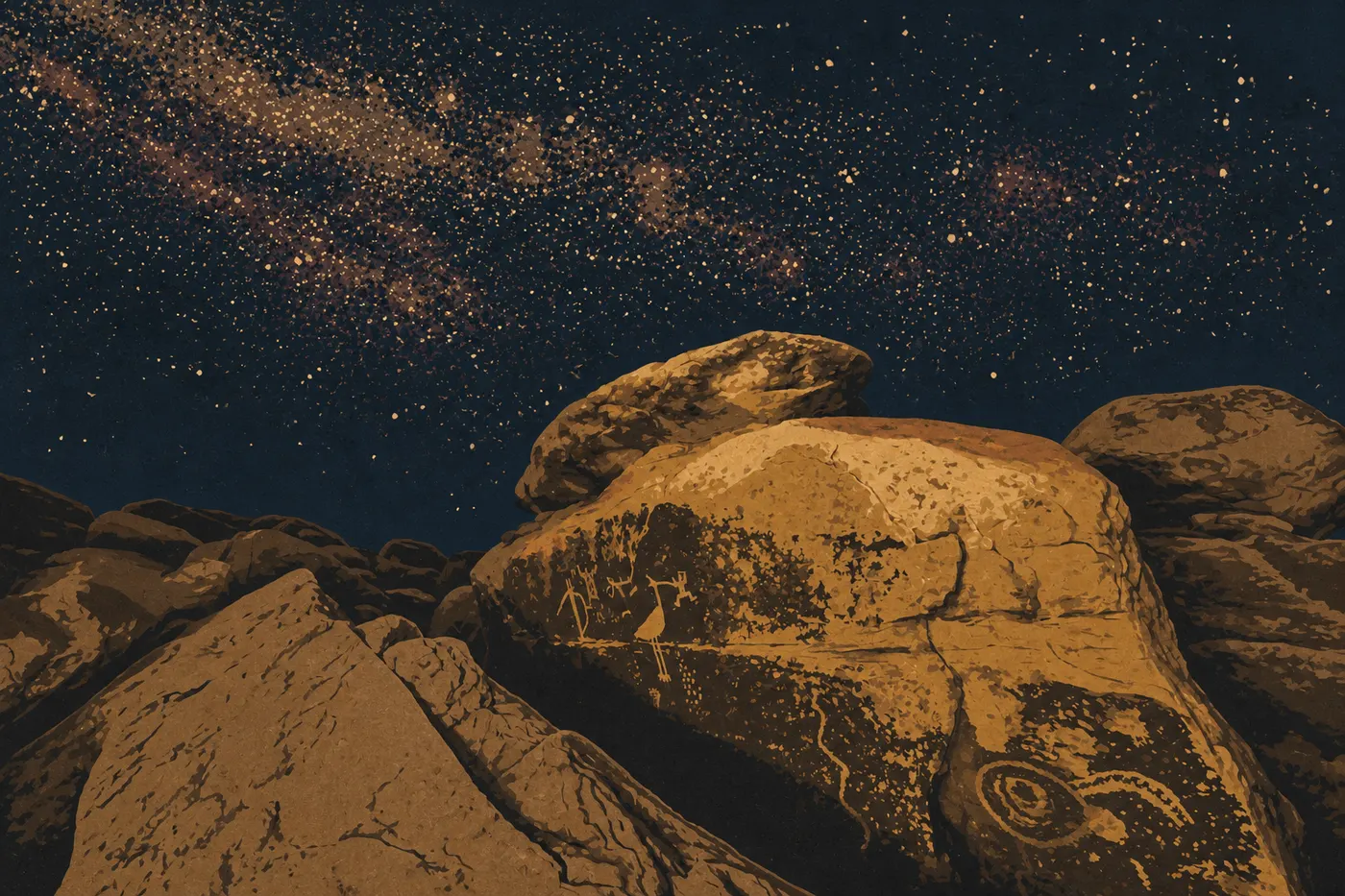 Illustration sérigraphiée : Voie lactée dense au-dessus des murs de Puerco Pueblo sous le ciel noir du parc.