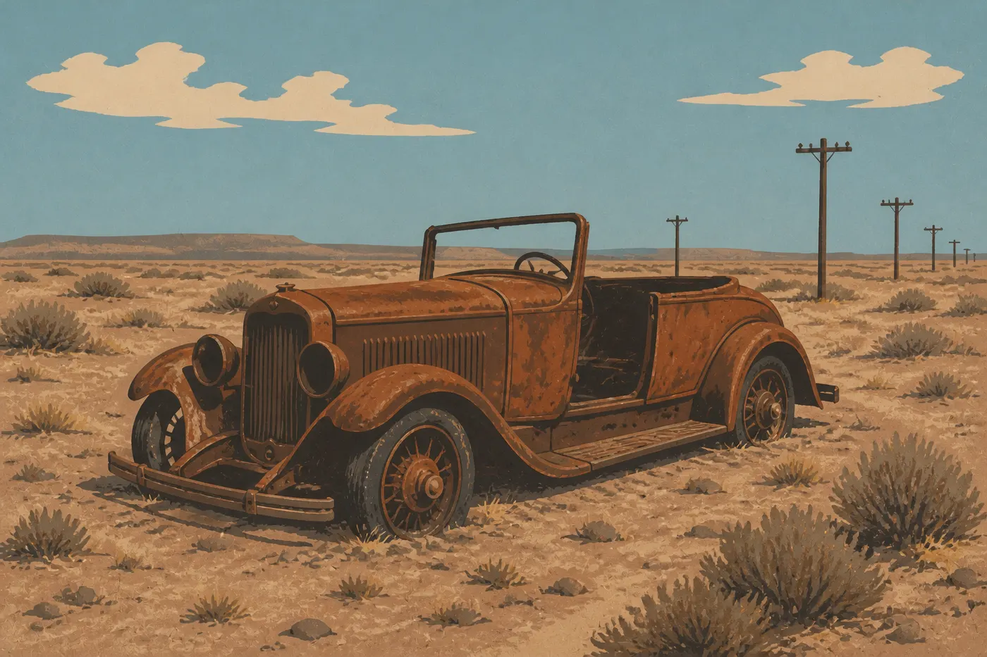 Illustration sérigraphiée : Studebaker de 1932 marquant l'ancien alignement de la Route 66 au milieu du désert.