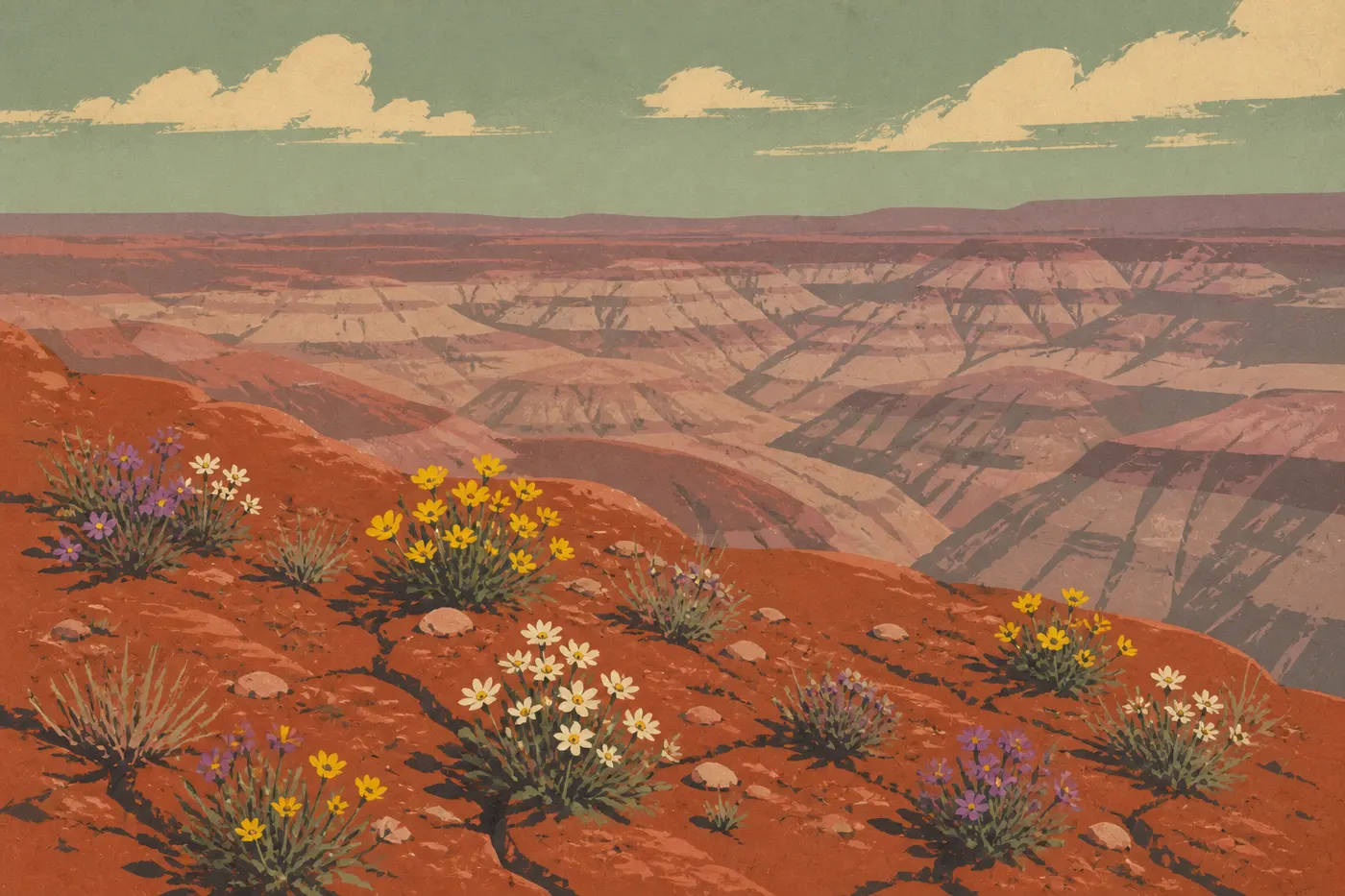 Screen-printed illustration: Spring wildflowers dotting the red rim of the Painted Desert after winter rains.