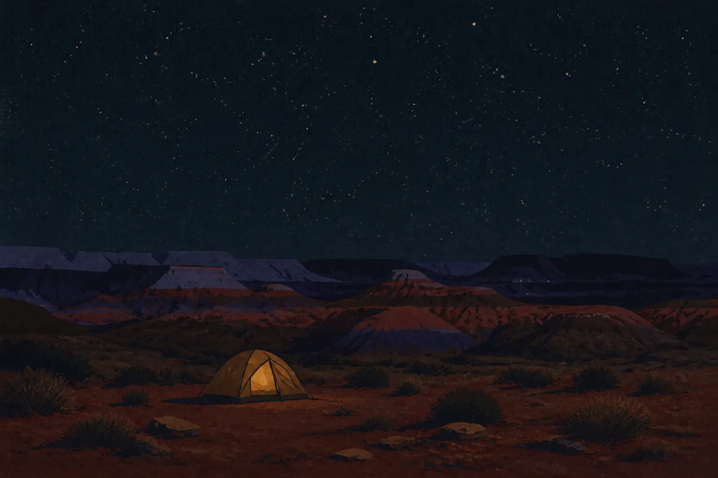 Illustration sérigraphiée : Petite tente isolée dans la Painted Desert Wilderness près de Kachina Point sous un ciel étoilé.