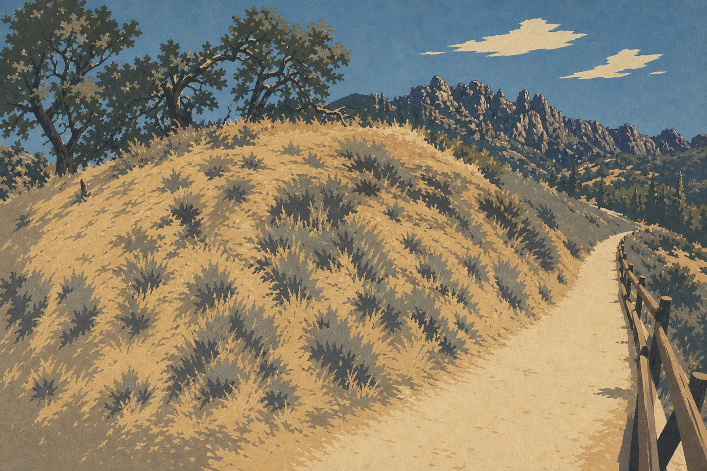 Screen-printed illustration: Golden chaparral and oaks in Bear Valley surround the Pinnacles in the slanting light of an autumn day.