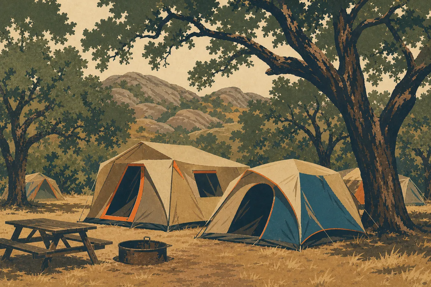 Illustration sérigraphiée : Des tentes sont installées sous les grands chênes du Pinnacles Campground, avec les collines rocheuses en arrière-plan.