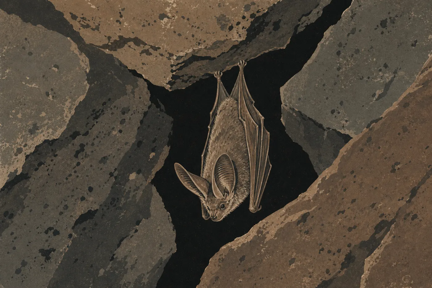 Illustration sérigraphiée : Une chauve-souris à grandes oreilles de Townsend est suspendue dans une fissure sombre des Bear Gulch Caves.