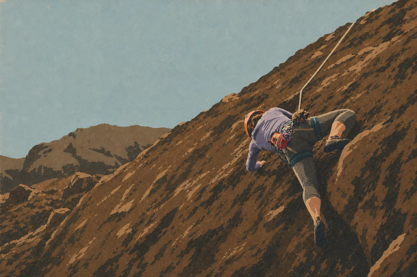 Illustration sérigraphiée : Un grimpeur gravit la paroi volcanique de Discovery Wall, encadré par les reliefs abrupts de Bear Gulch.