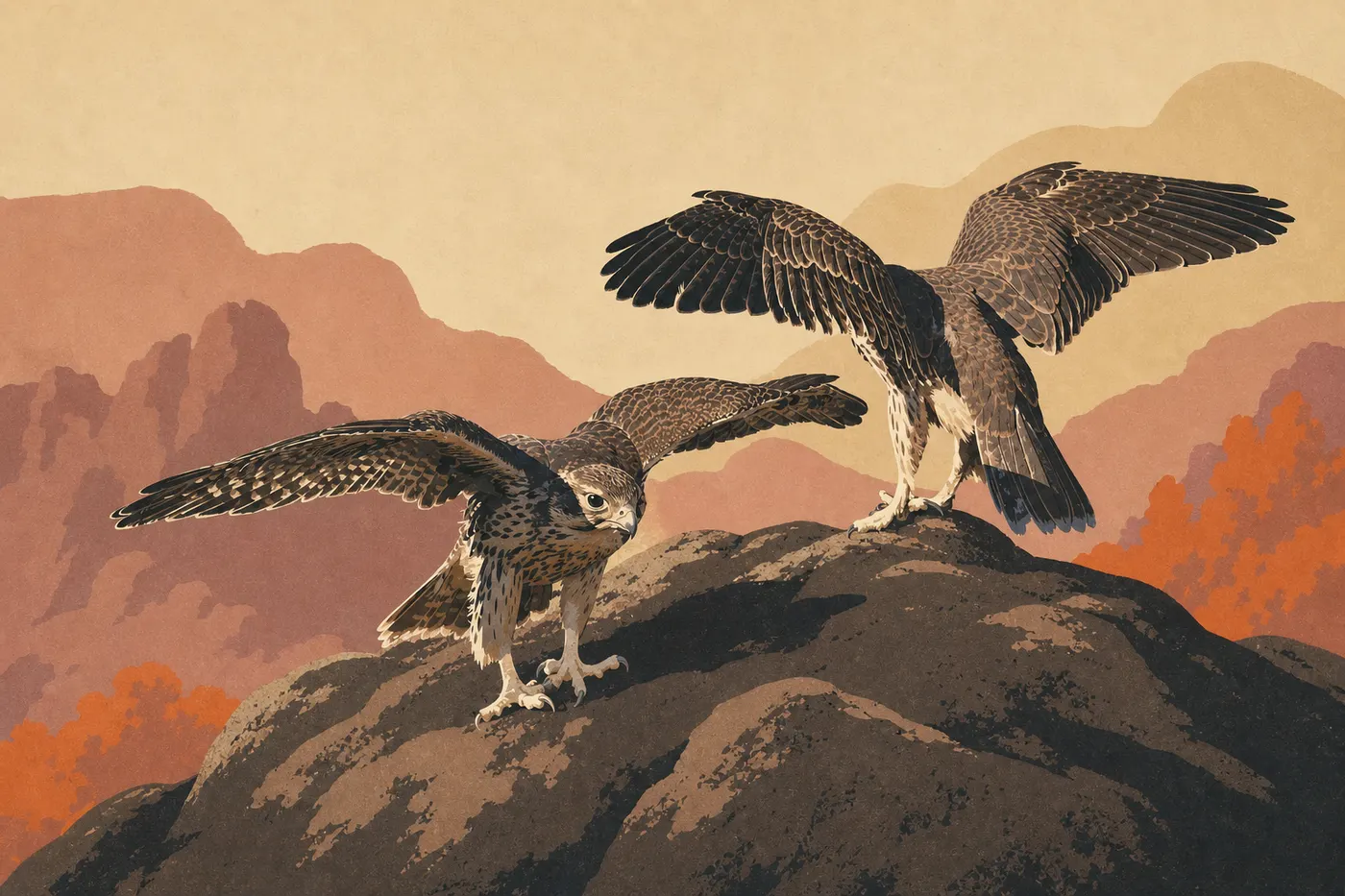 Illustration sérigraphiée : Un faucon pèlerin perché sur une falaise volcanique évoque aussi les territoires du faucon de prairie à Pinnacles.