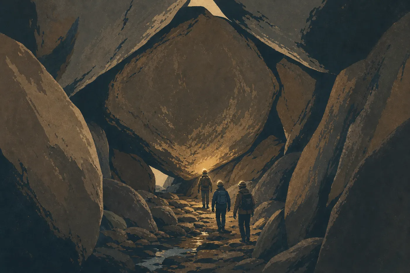 Illustration sérigraphiée : Des visiteurs munis de lampes progressent sous les blocs monumentaux des Bear Gulch Caves, sur le versant est.