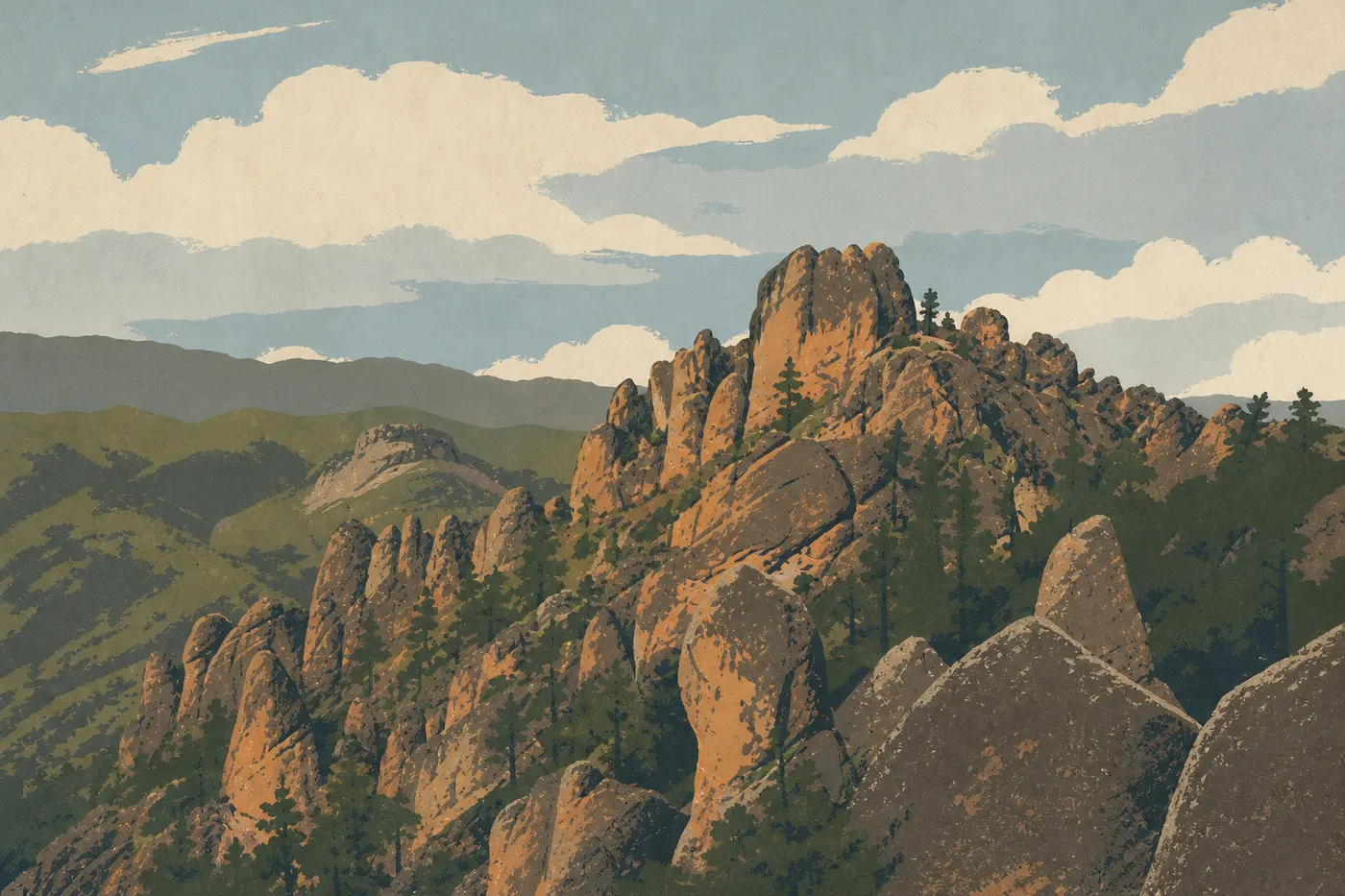 Screen-printed illustration: Low clouds and winter mist shroud the High Peaks above rain-greened slopes.
