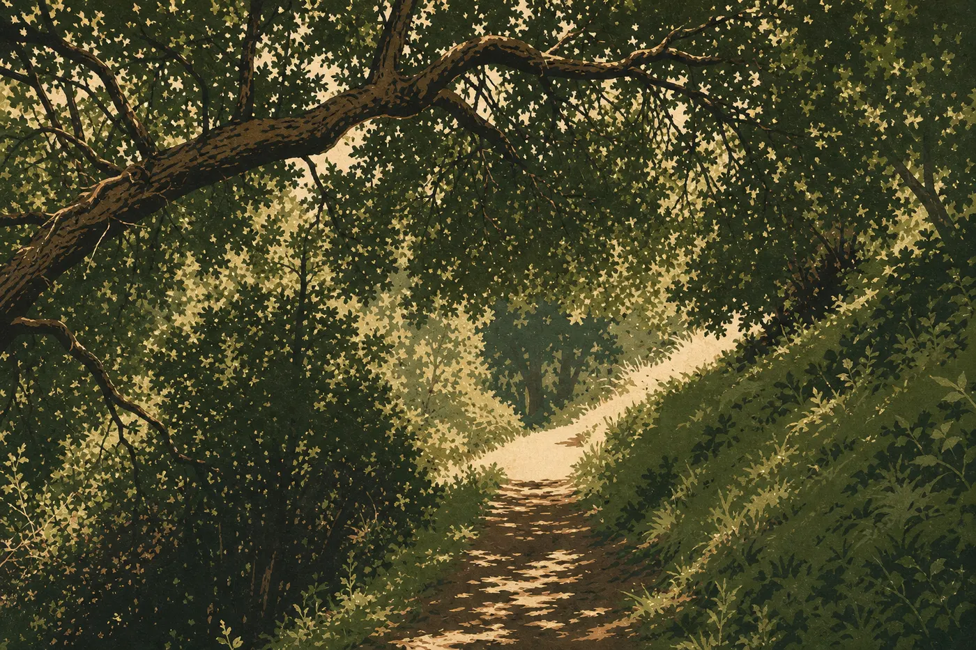Illustration sérigraphiée : La chênaie isolée du South Wilderness Trail illustre l’ancien habitat local de l’ours noir, aujourd’hui absent du parc.