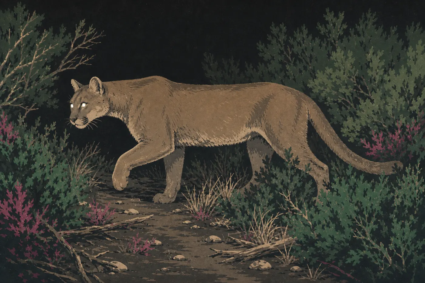 Screen-printed illustration: A mountain lion crosses the chaparral of the Gabilan Mountains at night, captured by a wildlife-monitoring camera.