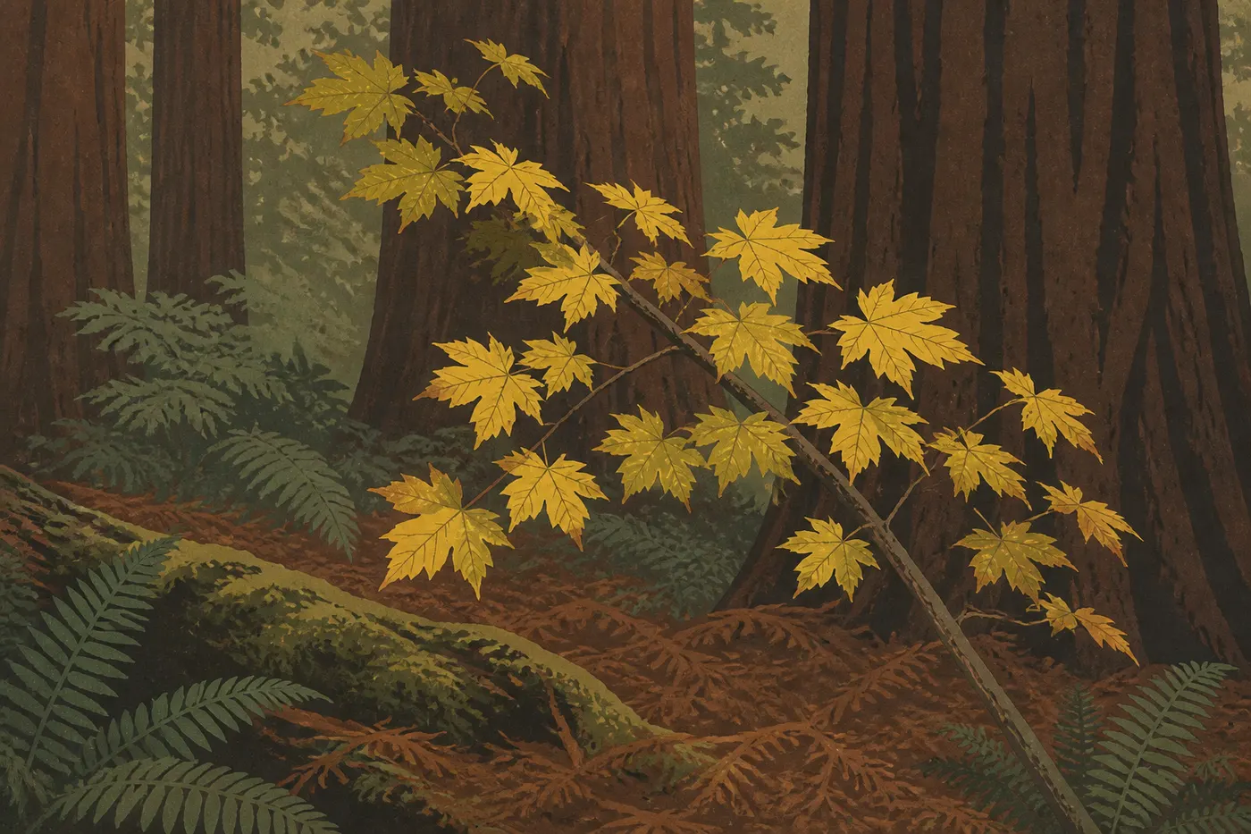 Screen-printed illustration: Yellow maple leaves brighten the dark understory of a coast redwood forest in autumn.