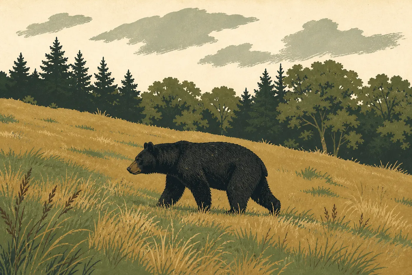 Screen-printed illustration: An American black bear crosses the open meadows of Bald Hills near the forest.