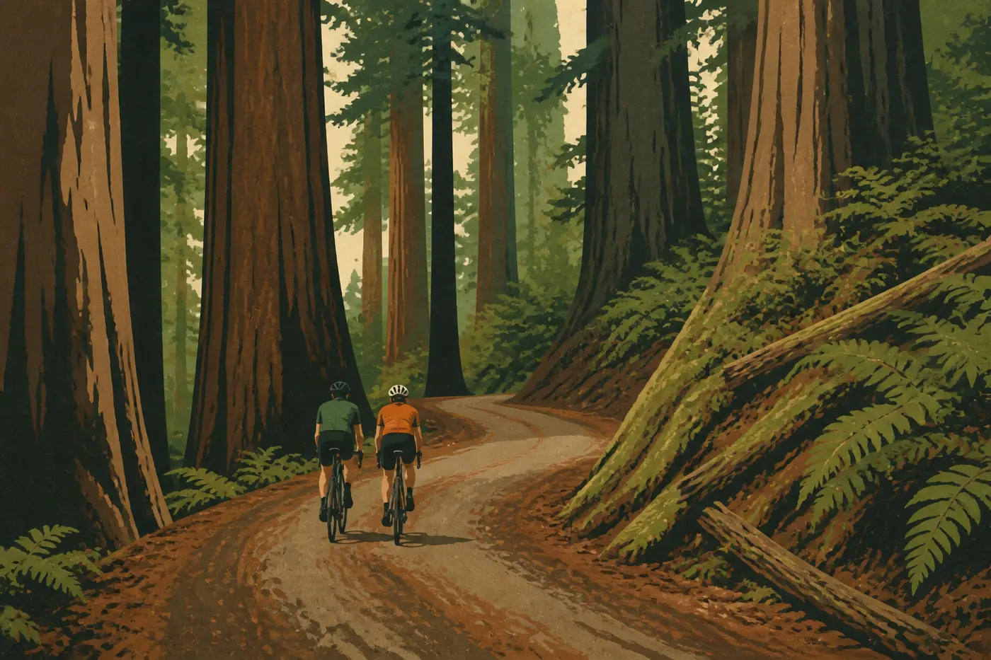Illustration sérigraphiée : Des cyclistes parcourent Cal-Barrel Road, étroite piste forestière serpentant au pied des séquoias anciens.