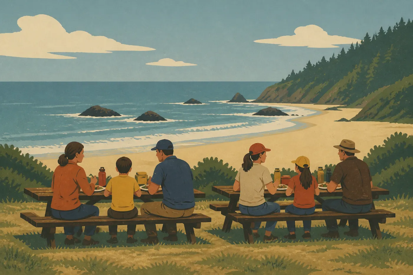 Illustration sérigraphiée : Des visiteurs déjeunent aux tables de Crescent Beach Picnic Area face au littoral pacifique.