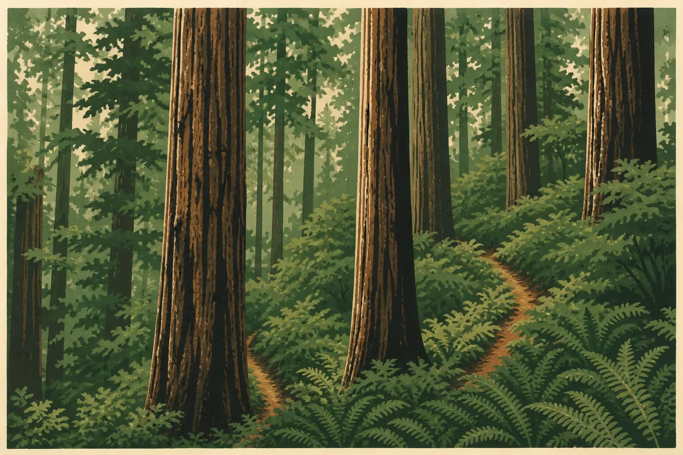 Screen-printed illustration: The Damnation Creek Trail descends beneath coastal redwoods toward the Pacific cliffs.