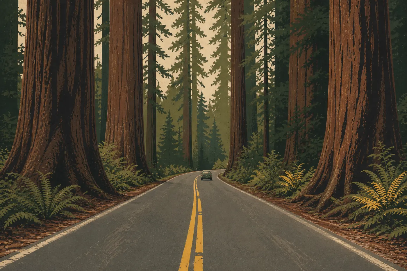 Illustration sérigraphiée : Newton B. Drury Scenic Parkway déroule son ruban asphalté entre deux murailles de séquoias anciens.