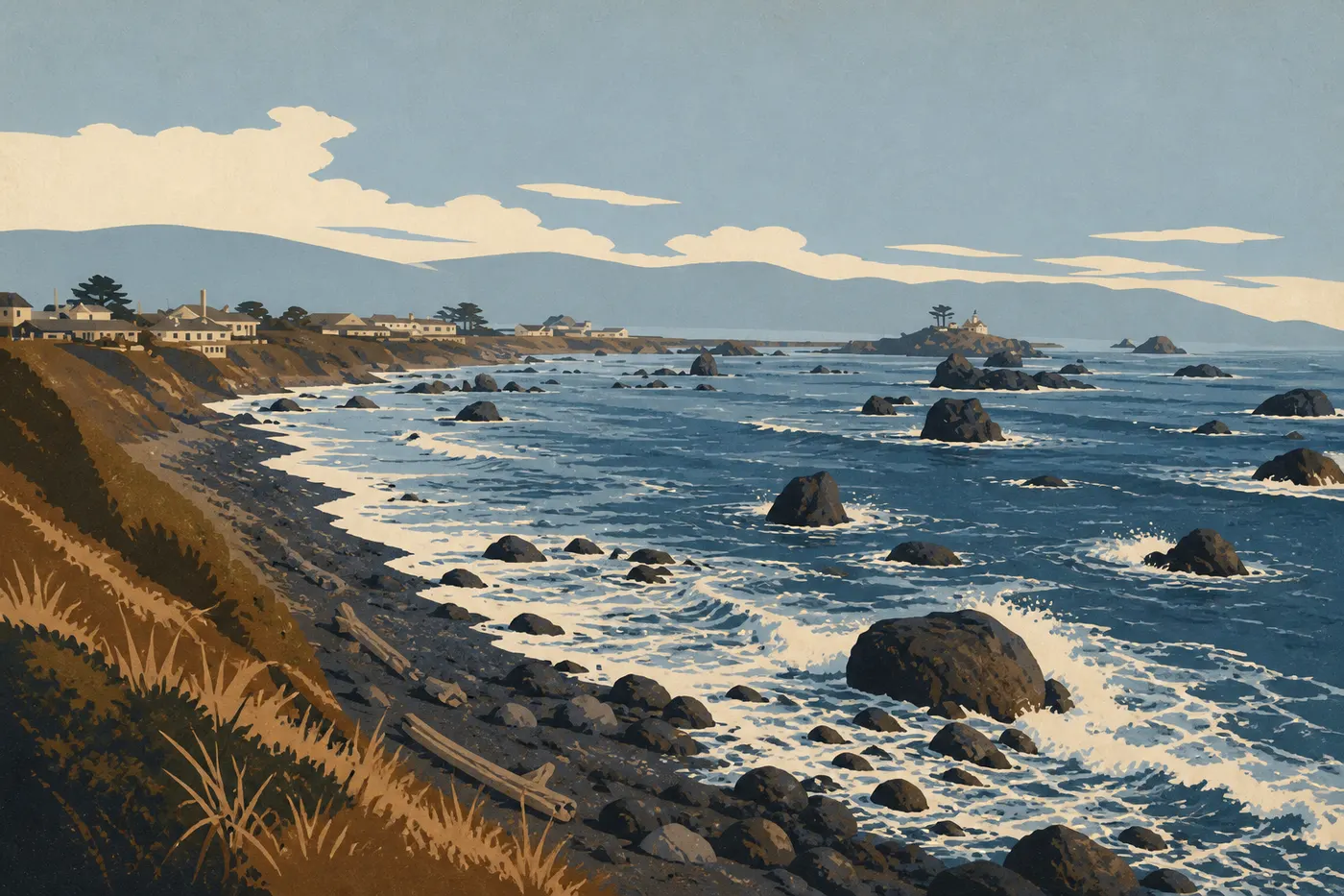 Illustration sérigraphiée : Enderts Beach associe sable sombre, bois flotté, stacks rocheux et vagues du Pacifique sous les falaises.