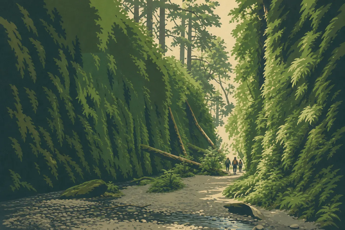 Screen-printed illustration: Hikers move between fern-covered walls and the stream in Fern Canyon.