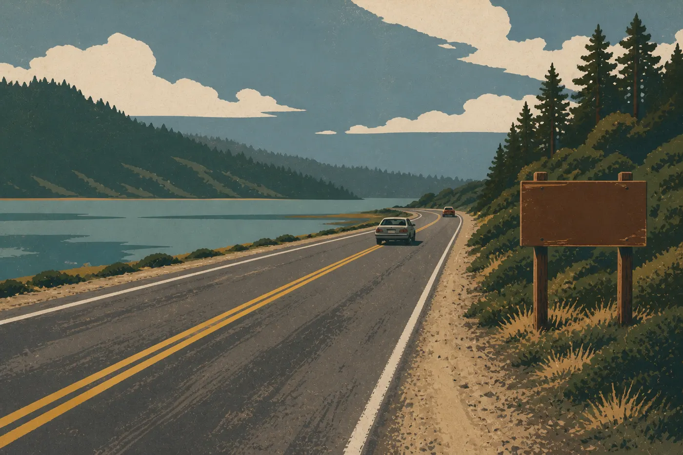 Illustration sérigraphiée : La route US 101 longe Freshwater Lagoon près du panneau d'entrée méridional de Redwood National Park.