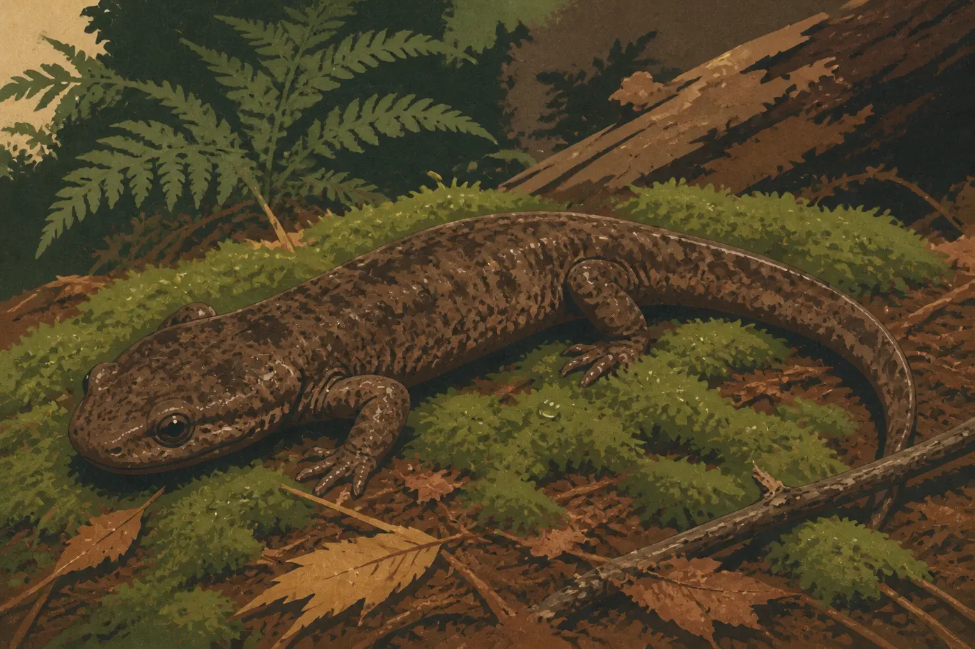 Screen-printed illustration: A Pacific giant salamander rests on damp moss and leaves on the forest floor.