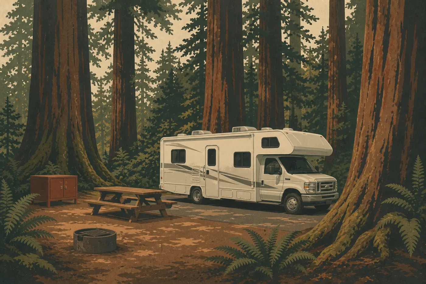 Illustration sérigraphiée : Un camping-car stationne parmi les séquoias au terrain aménagé de Jedediah Smith Campground.