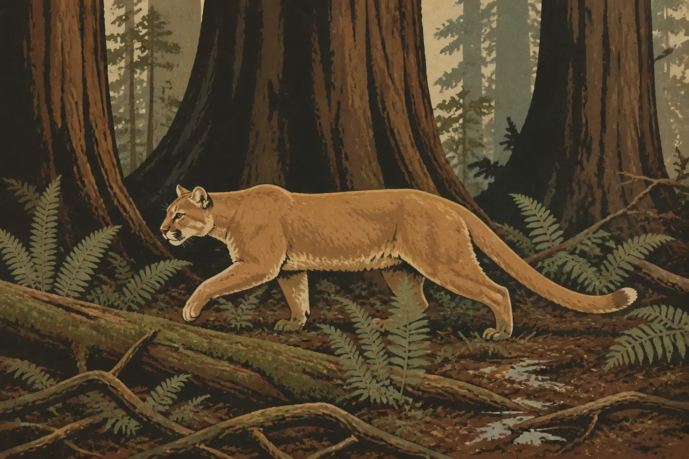 Screen-printed illustration: A mountain lion moves quietly through the dense understory of the national park's coast redwoods.
