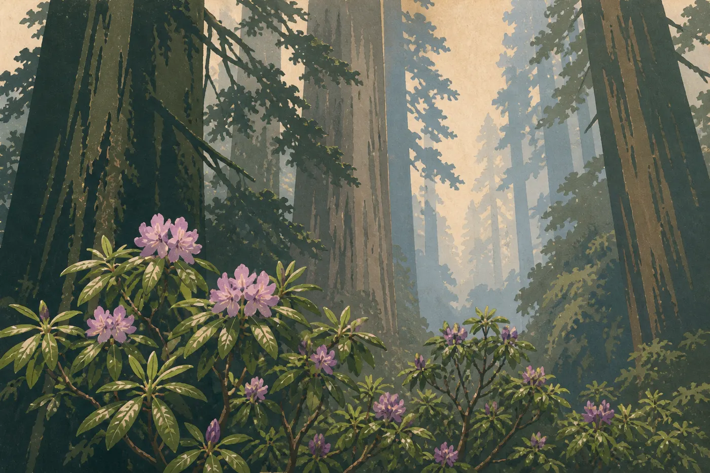 Illustration sérigraphiée : Des rhododendrons roses fleurissent sous les séquoias anciens le long du Rhododendron Trail au printemps.