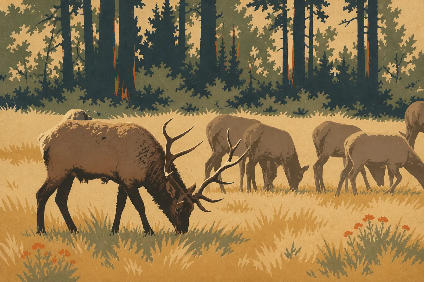 Illustration sérigraphiée : Un wapiti Roosevelt se tient dans la prairie dorée d'Elk Meadow devant la lisière des séquoias.