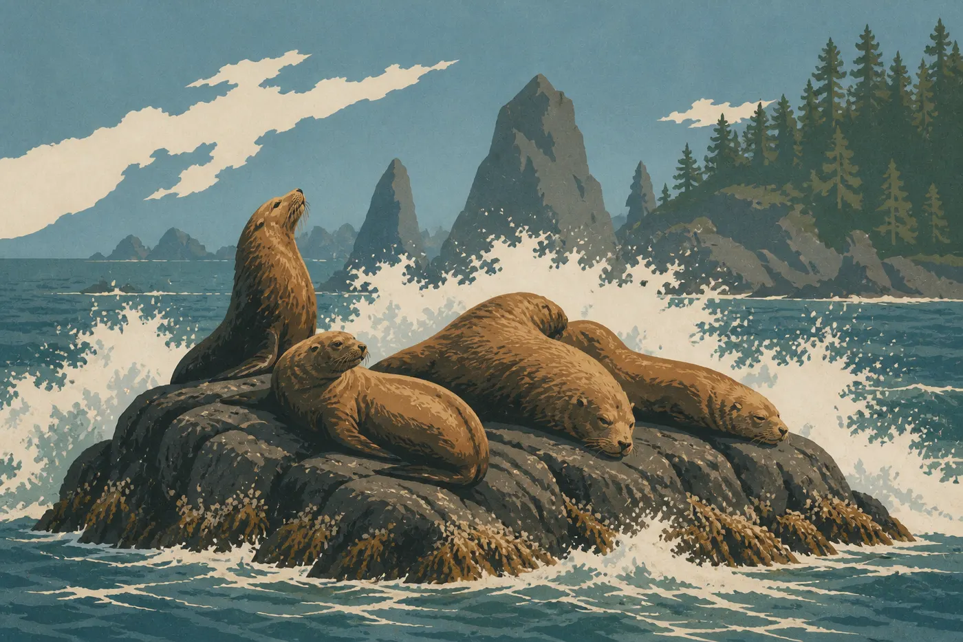 Screen-printed illustration: Steller sea lions occupy wave-battered rocks near the coast.
