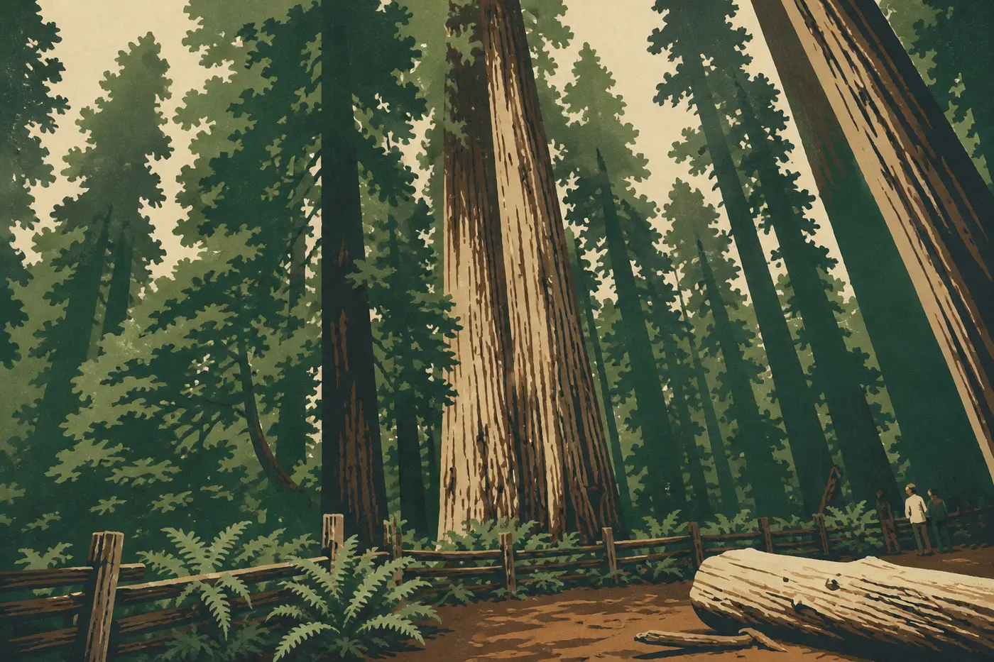 Screen-printed illustration: Visitors walk among giant redwoods and lush ferns in Stout Grove