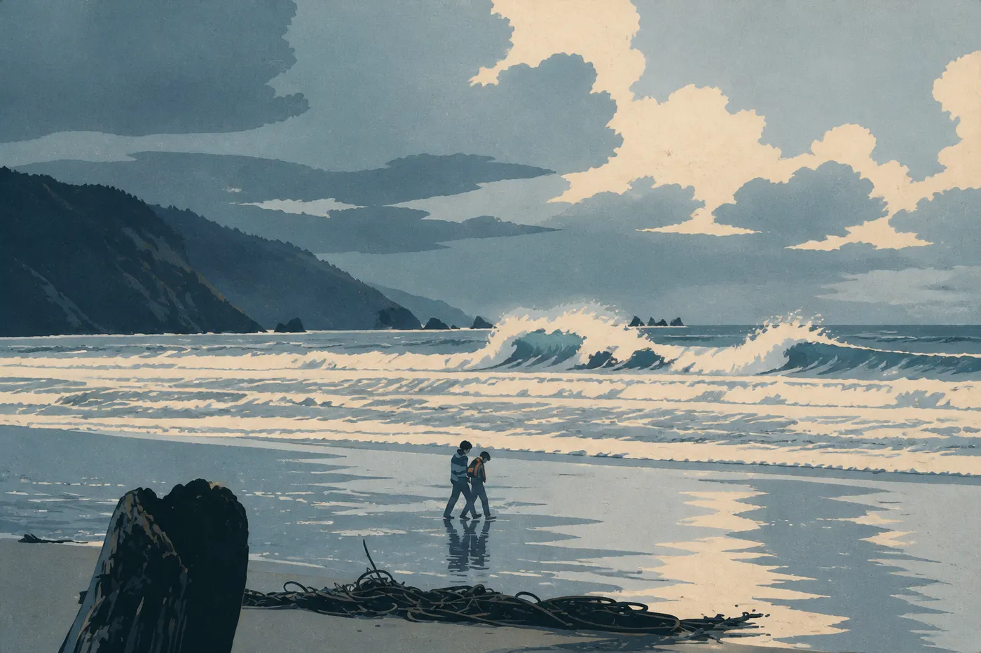 Screen-printed illustration: Heavy winter surf strikes the sea stacks beneath a cloudy sky from Crescent Beach Overlook.