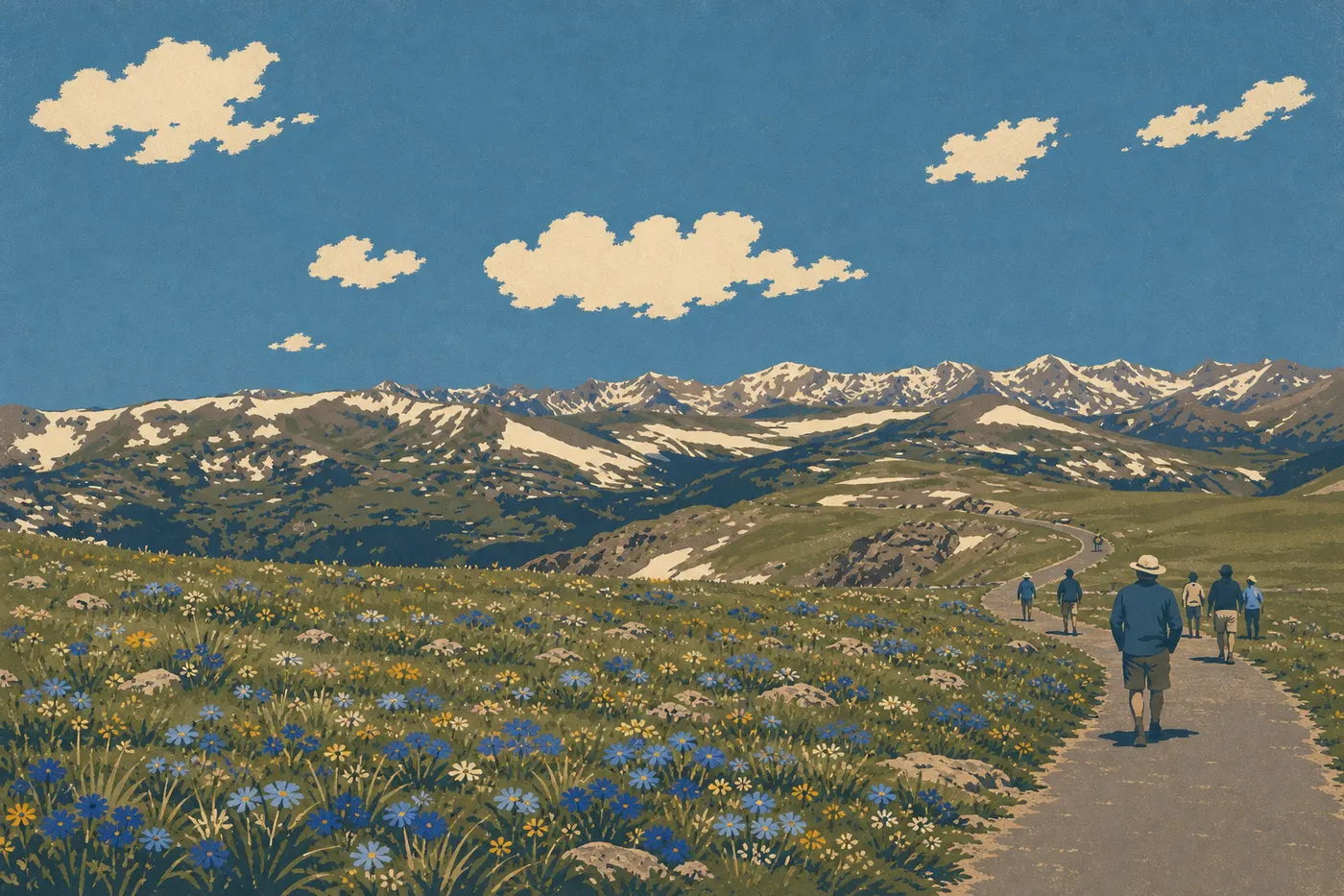 Screen-printed illustration: Wildflowers color the summer tundra around the Tundra Communities Trail beneath a clear sky.