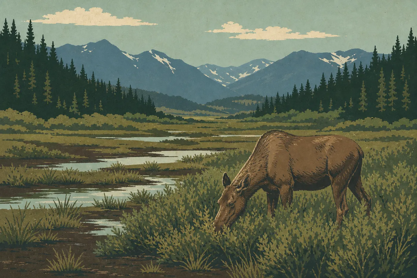 Screen-printed illustration: A moose browses on the damp willows of Kawuneeche Valley, with the snow-covered range behind it.