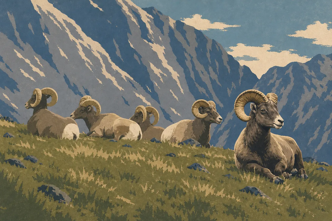 Screen-printed illustration: A Rocky Mountain bighorn sheep stands on an outcrop near Sheep Lakes, above Horseshoe Park.